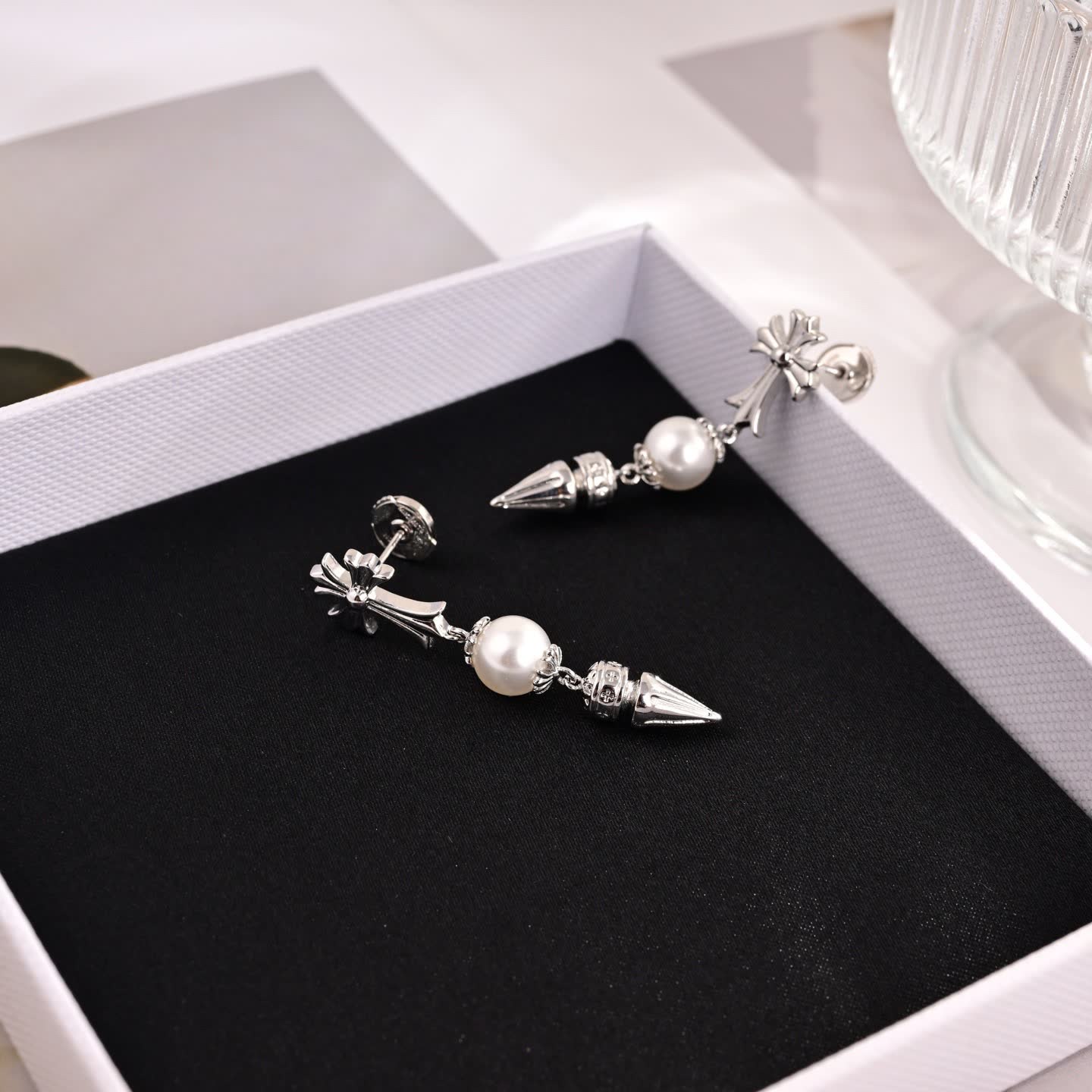 Chrome Hearts Silver Cross Pearl Drop Earrings